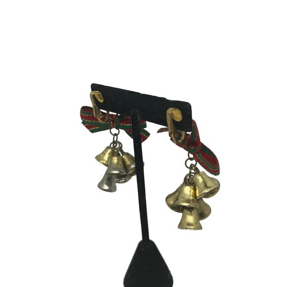 Vintage Christmas Jingle Bell Clip On Earrings Holiday Festive Bow Dangle Retro - Picture 7 of 11